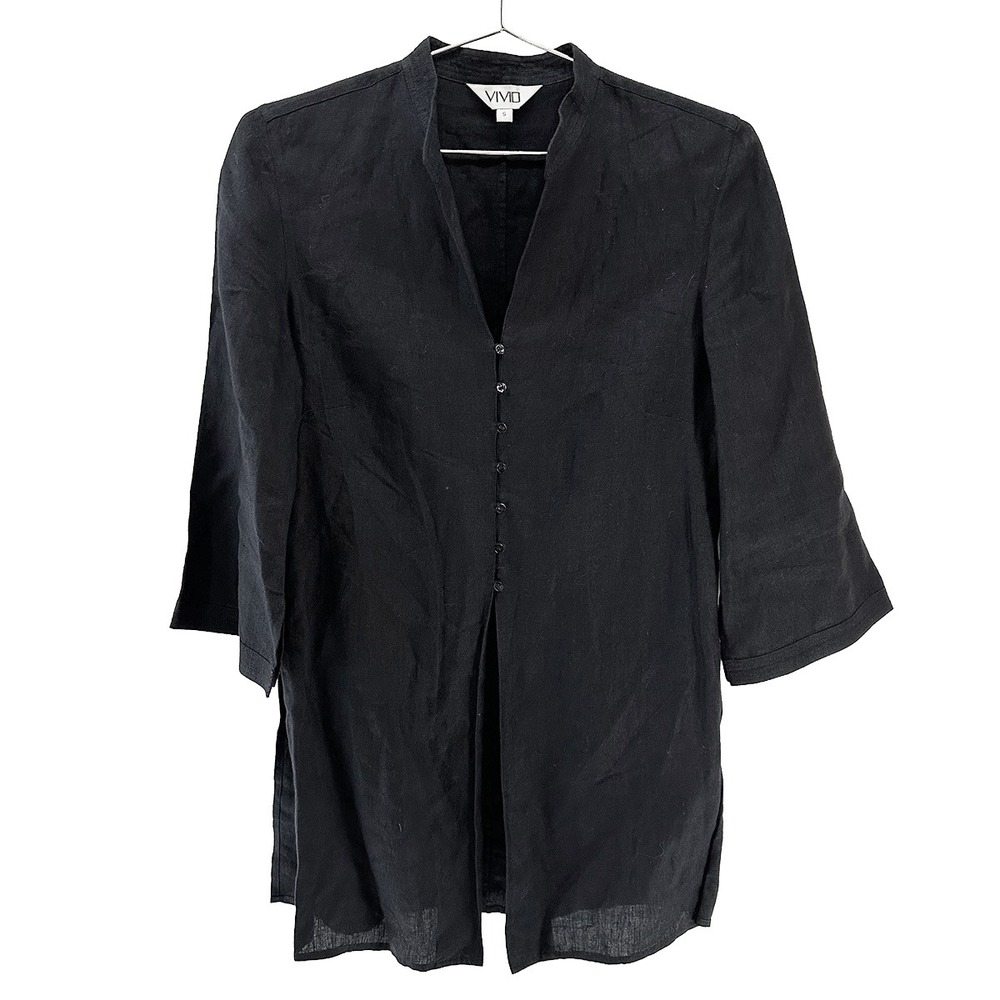 VIVID 100% Linen Mandarin Collar Button Up Tunic Blouse • Small • black‎